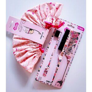 Floral Hair Essentials Set - 3-Piece Comb Set + Pink Shower Cap